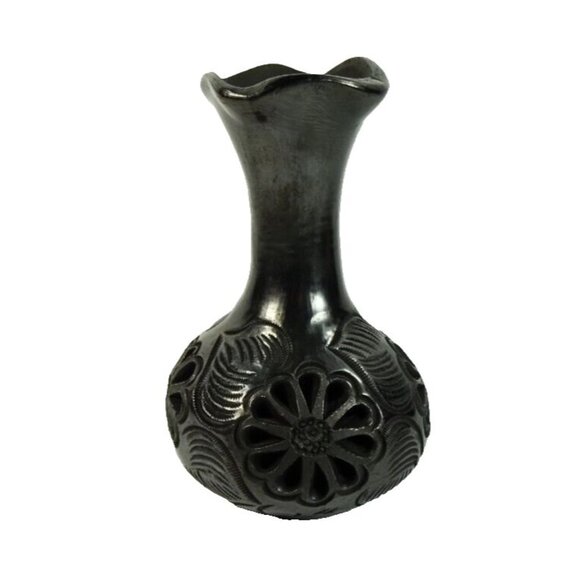 Black Floral Pottery Vase Dona Rosa Oaxaca Mexico Whimsigoth Dark Romantic Decor - Picture 2 of 7